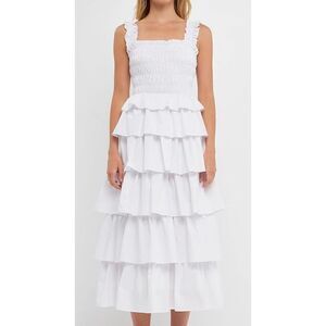 English Factory Women's Smocked Bust Multi Ruffled Maxi Gown Dress